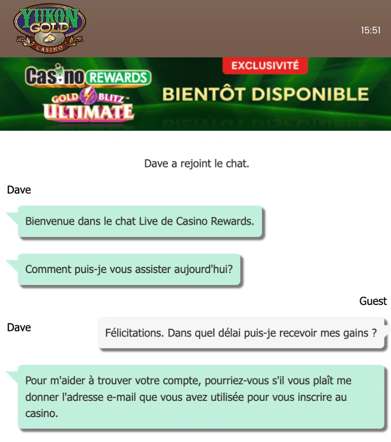 Chat en direct au casino Yukon Gold
